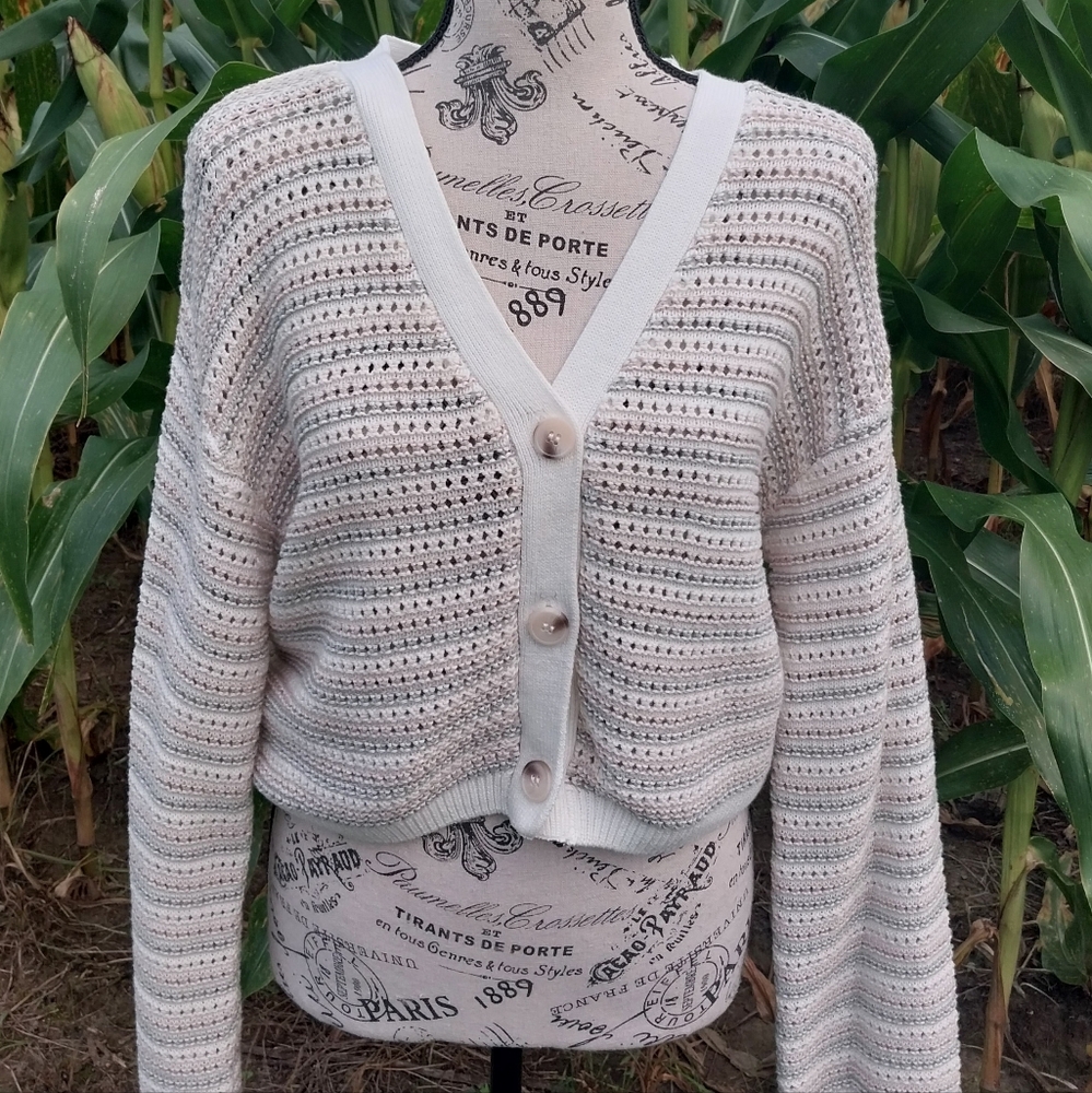 JESSICA SIMPSON V-NECK CROPPED BUTTON FRONT STRIPE CARDIGAN/ M